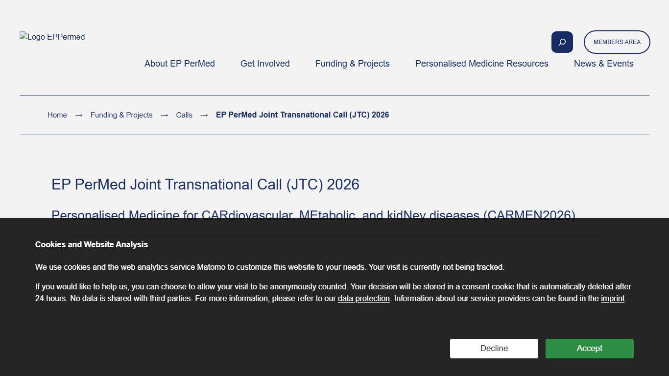 EP PerMed Joint Transnational Call (JTC) 2026 - European Partnership for Personalised Medicine - EP PerMed